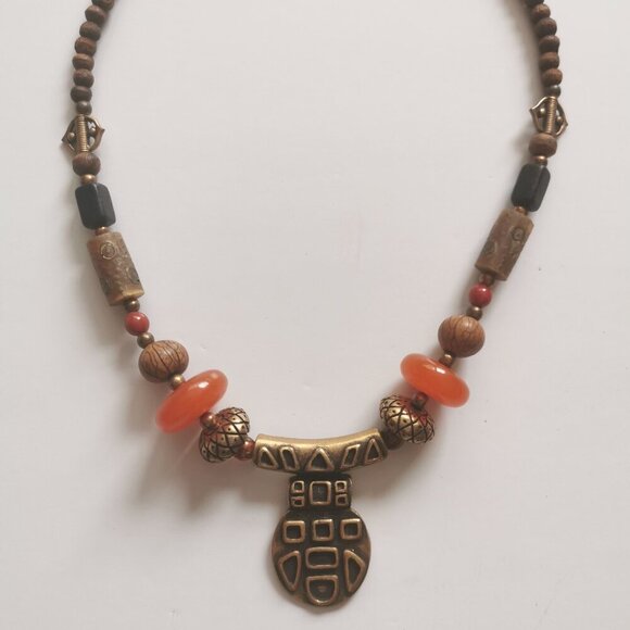 Chico's Carnelian Glass and Wood Bead Necklace Orange Brown Warm Tones Chunky - Picture 1 of 7